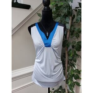 New York & Co Top Blouse Womens M White Contrast Trim Stretch Ruched Pullover